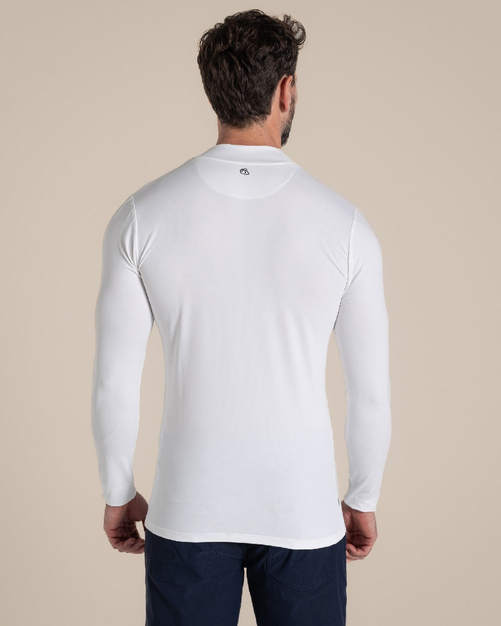 White Coloured Craghoppers Mens Nosilife Long Sleeved Neck Top on Beige Background 