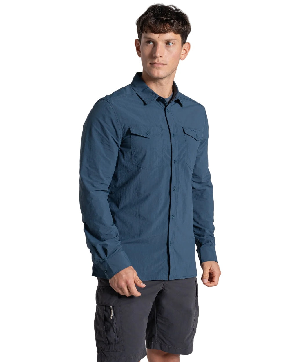 Blue Stone coloured Craghoppers Mens NosiLife Loukkos Long Sleeved Shirt on white background 