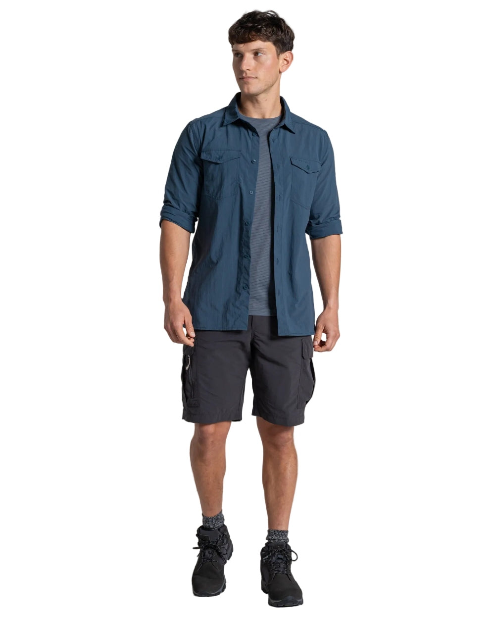 Blue Stone coloured Craghoppers Mens NosiLife Loukkos Long Sleeved Shirt on white background 