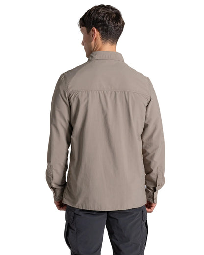 Pebble coloured Craghoppers Mens NosiLife Loukkos Long Sleeved Shirt on white background 