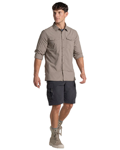 Pebble coloured Craghoppers Mens NosiLife Loukkos Long Sleeved Shirt on white background 