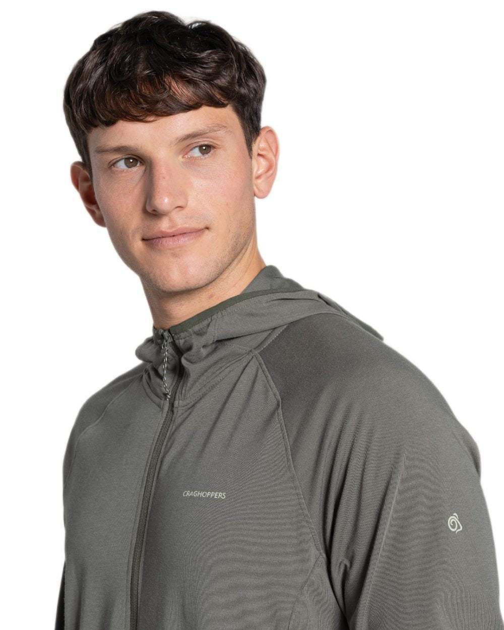 Dark Sage coloured Craghoppers Mens NosiLife Nadim Hooded Jacket on white background 