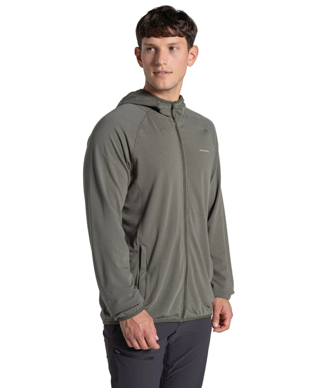 Dark Sage coloured Craghoppers Mens NosiLife Nadim Hooded Jacket on white background 