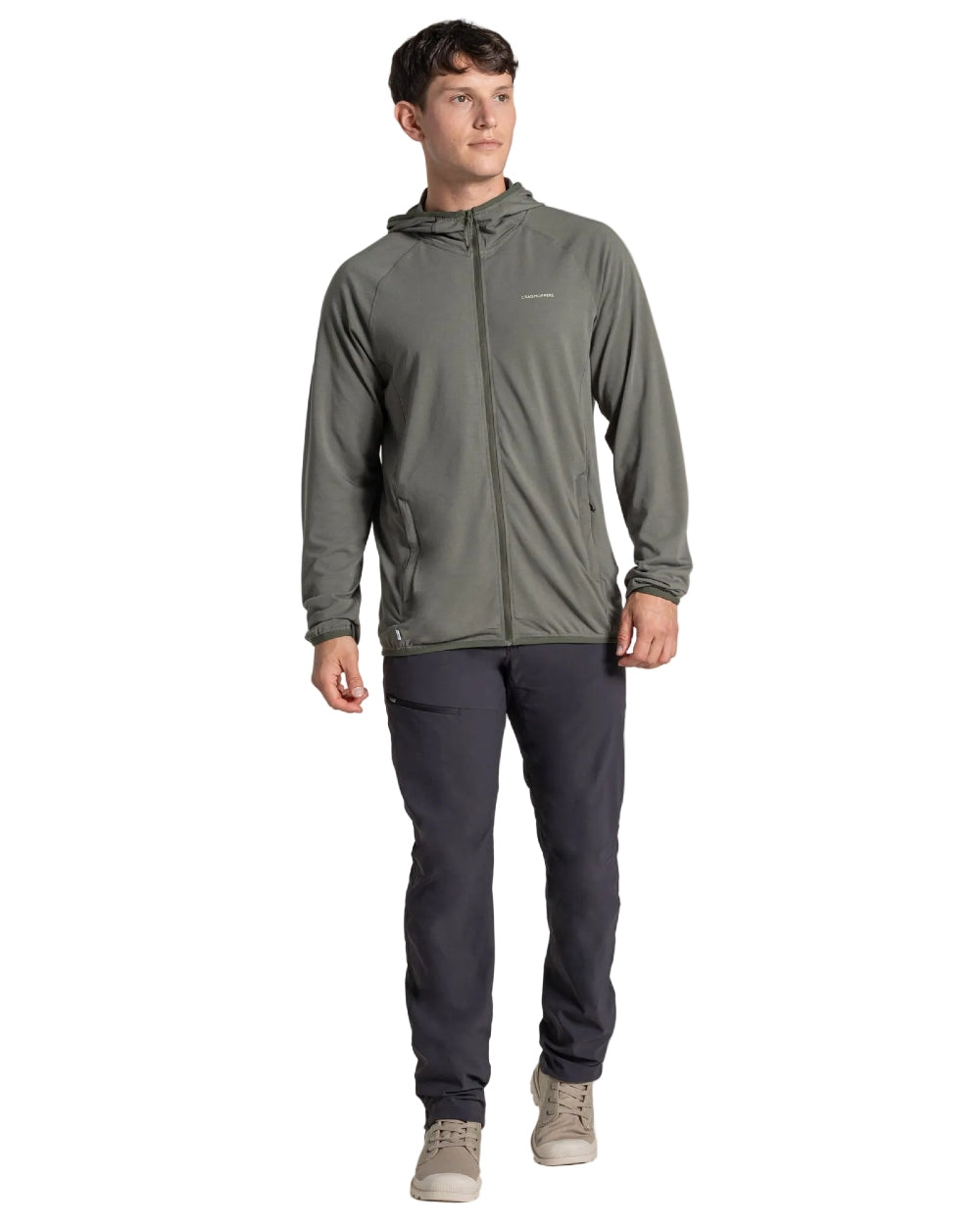 Dark Sage coloured Craghoppers Mens NosiLife Nadim Hooded Jacket on white background 