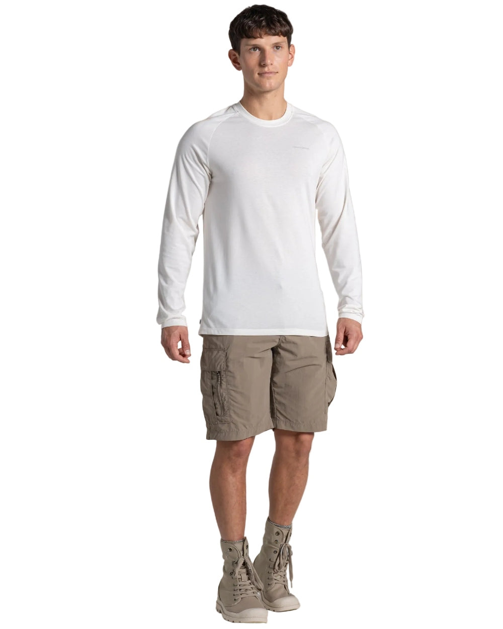 Sail White coloured Craghoppers Mens NosiLife Nour Long Sleeved T-Shirt on white background 