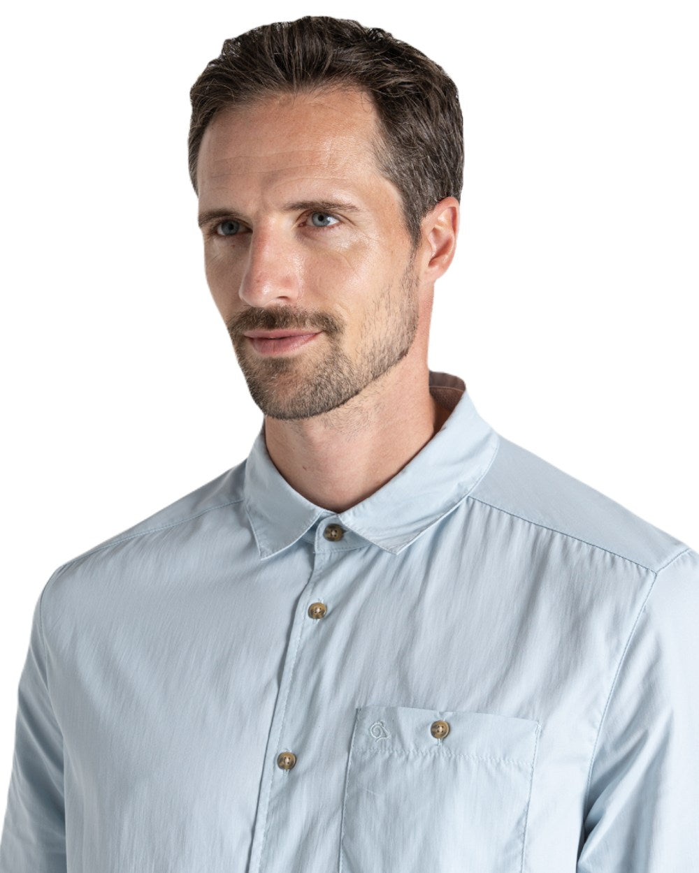 Niagara Blue coloured Craghoppers Mens NosiLife Nuoro Long Sleeved Shirt II on white background 
