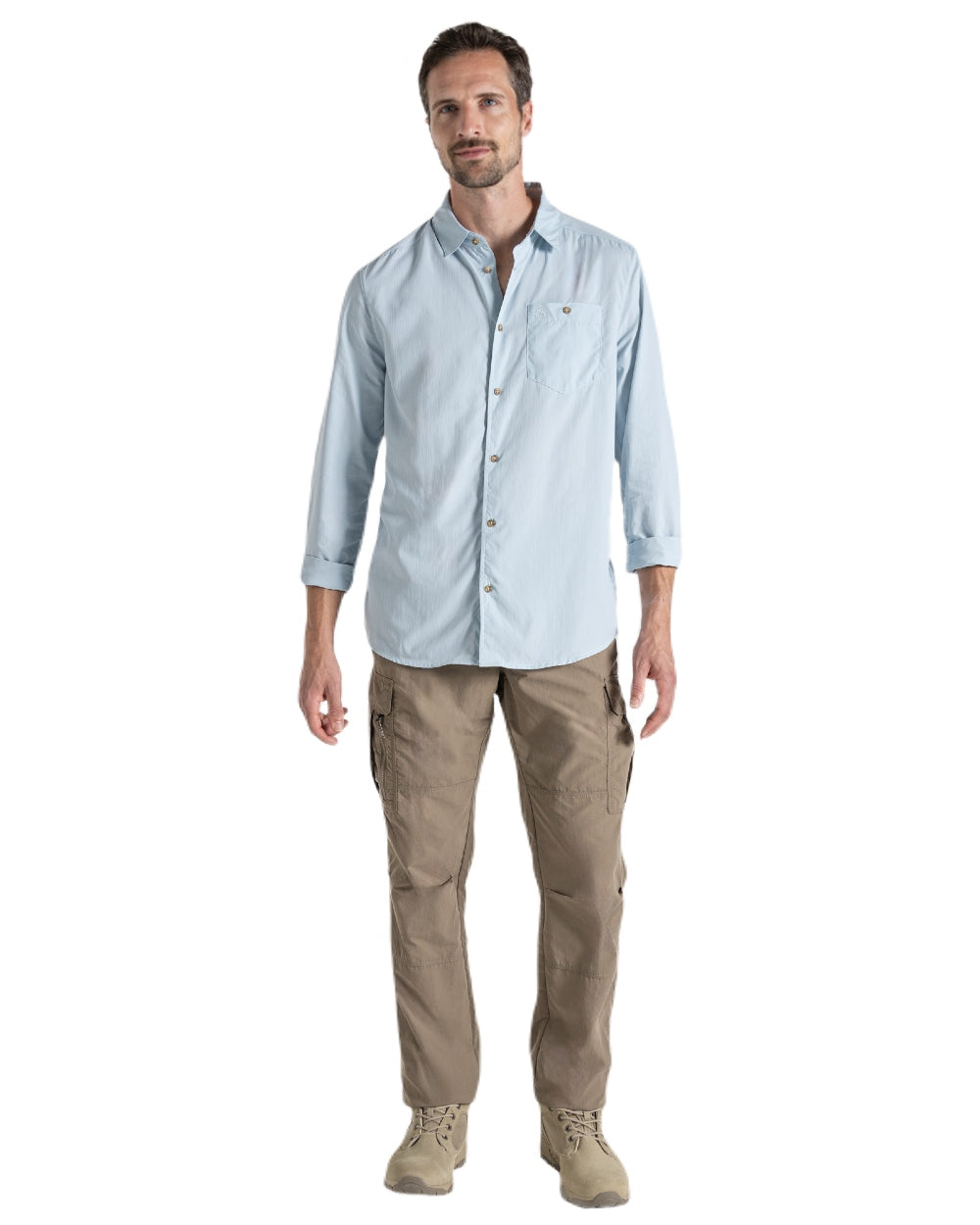 Niagara Blue coloured Craghoppers Mens NosiLife Nuoro Long Sleeved Shirt II on white background 