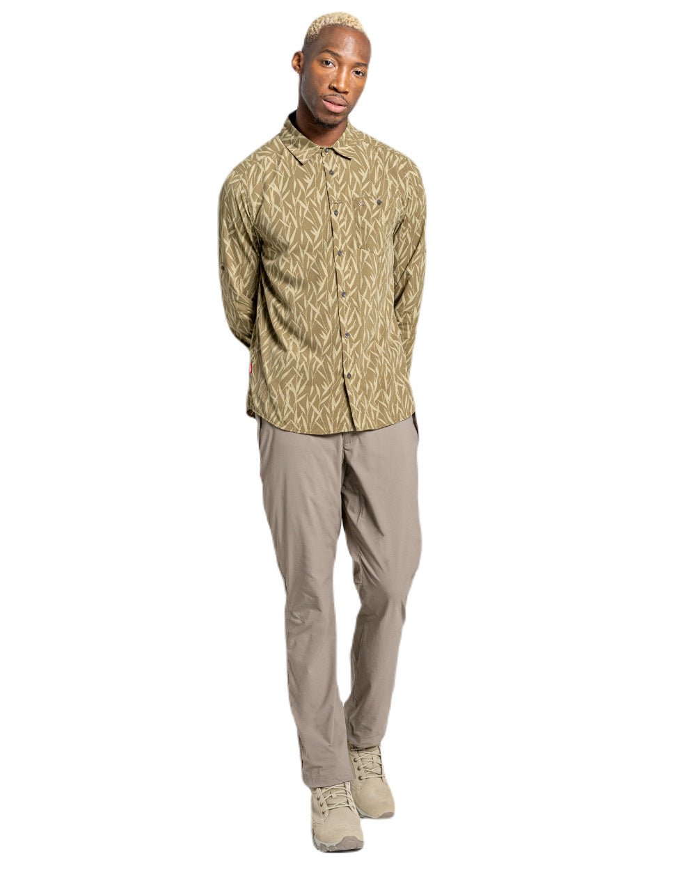 Dark Moss Print Coloured Craghoppers Mens NosiLife Pinyon Long Sleeved Shirt On A White Background 