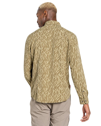 Dark Moss Print Coloured Craghoppers Mens NosiLife Pinyon Long Sleeved Shirt On A White Background 