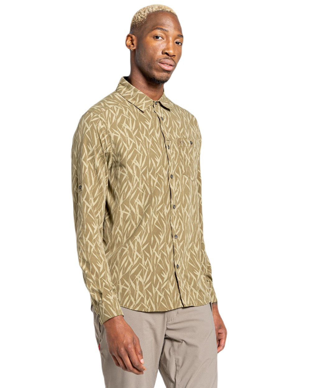 Dark Moss Print Coloured Craghoppers Mens NosiLife Pinyon Long Sleeved Shirt On A White Background 