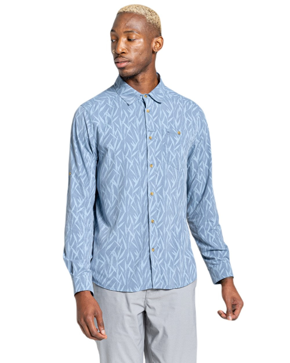 Salton Blue Print Coloured Craghoppers Mens NosiLife Pinyon Long Sleeved Shirt On A White Background 