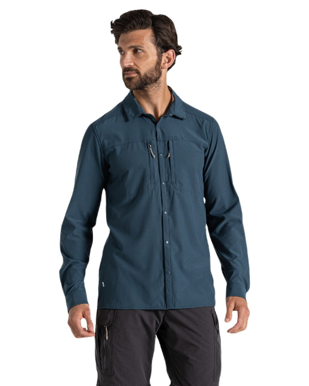 Blue Stone coloured Craghoppers Mens NosiLife Pro Long Sleeved Shirt V on white background 