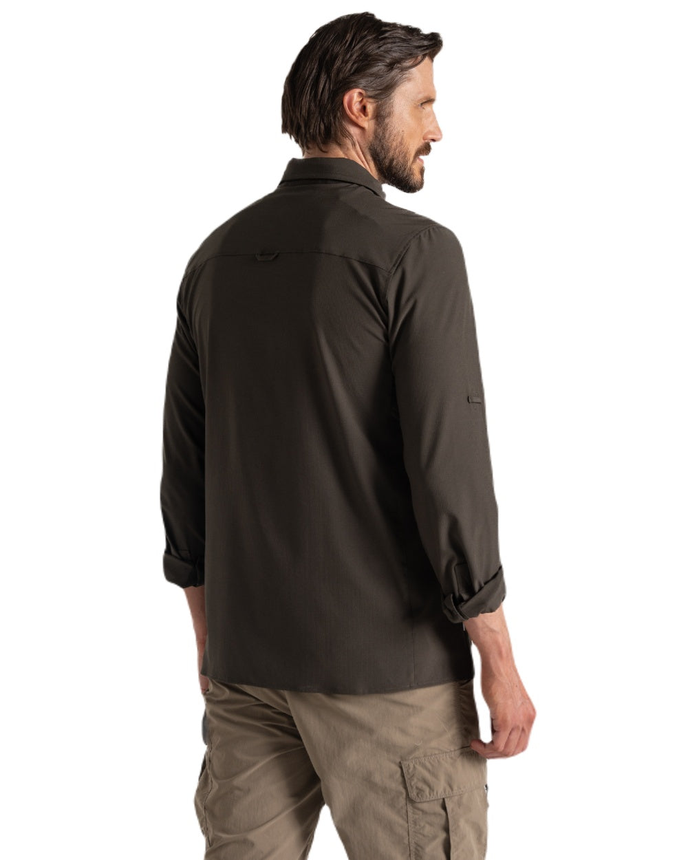 Woodland Green coloured Craghoppers Mens NosiLife Pro Long Sleeved Shirt V on white background 