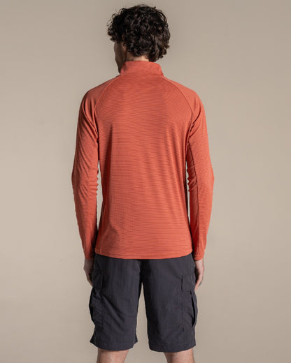 Dark Sahara coloured Craghoppers Mens NosiLife SolarShield+ Half Zip Top on beige background 