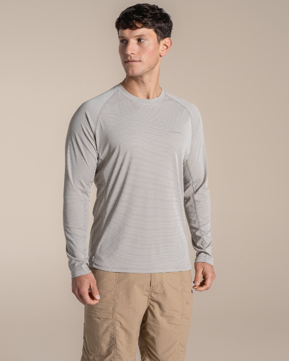 Parchment coloured Craghoppers Mens NosiLife SolarShield+ Long Sleeved T-Shirt on beige background 