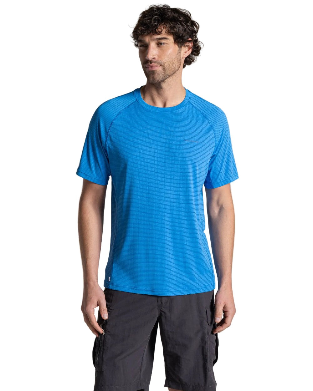 Azure Sky coloured Craghoppers Mens NosiLife SolarShield+ Short Sleeved T-Shirt on white background 