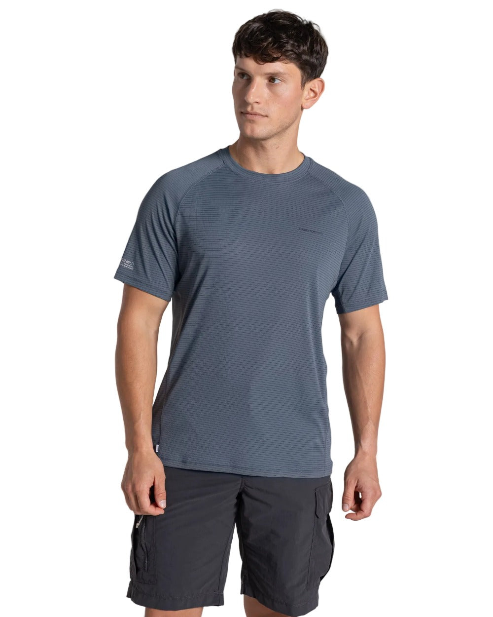 Dark Pewter coloured Craghoppers Mens NosiLife SolarShield+ Short Sleeved T-Shirt on white background 