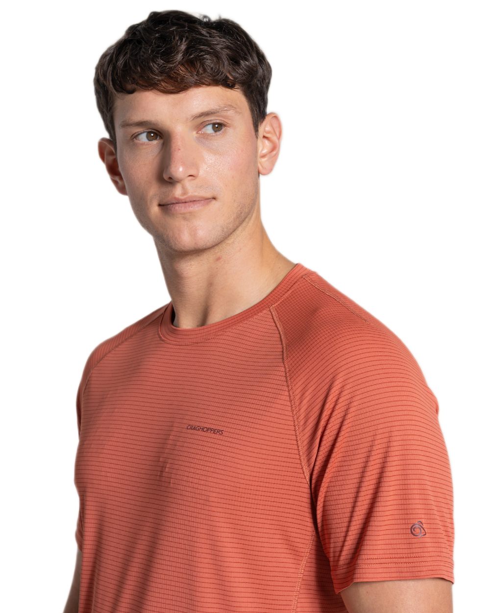 Dark Sahara coloured Craghoppers Mens NosiLife SolarShield+ Short Sleeved T-Shirt on white background 