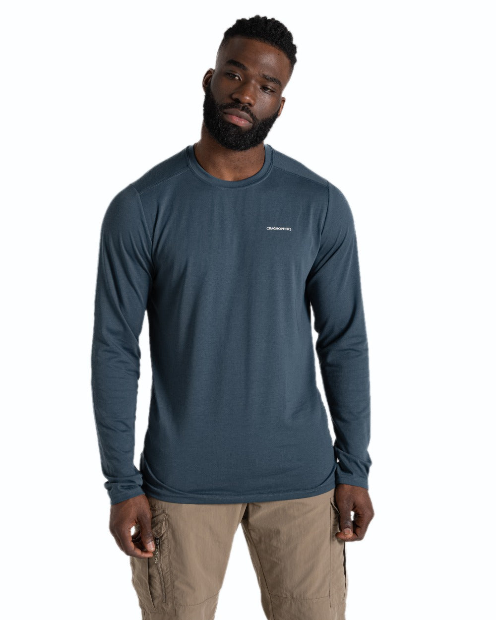 Blue Stone coloured Craghoppers Mens Nosilife Abel Long Sleeved T-Shirt on white background 