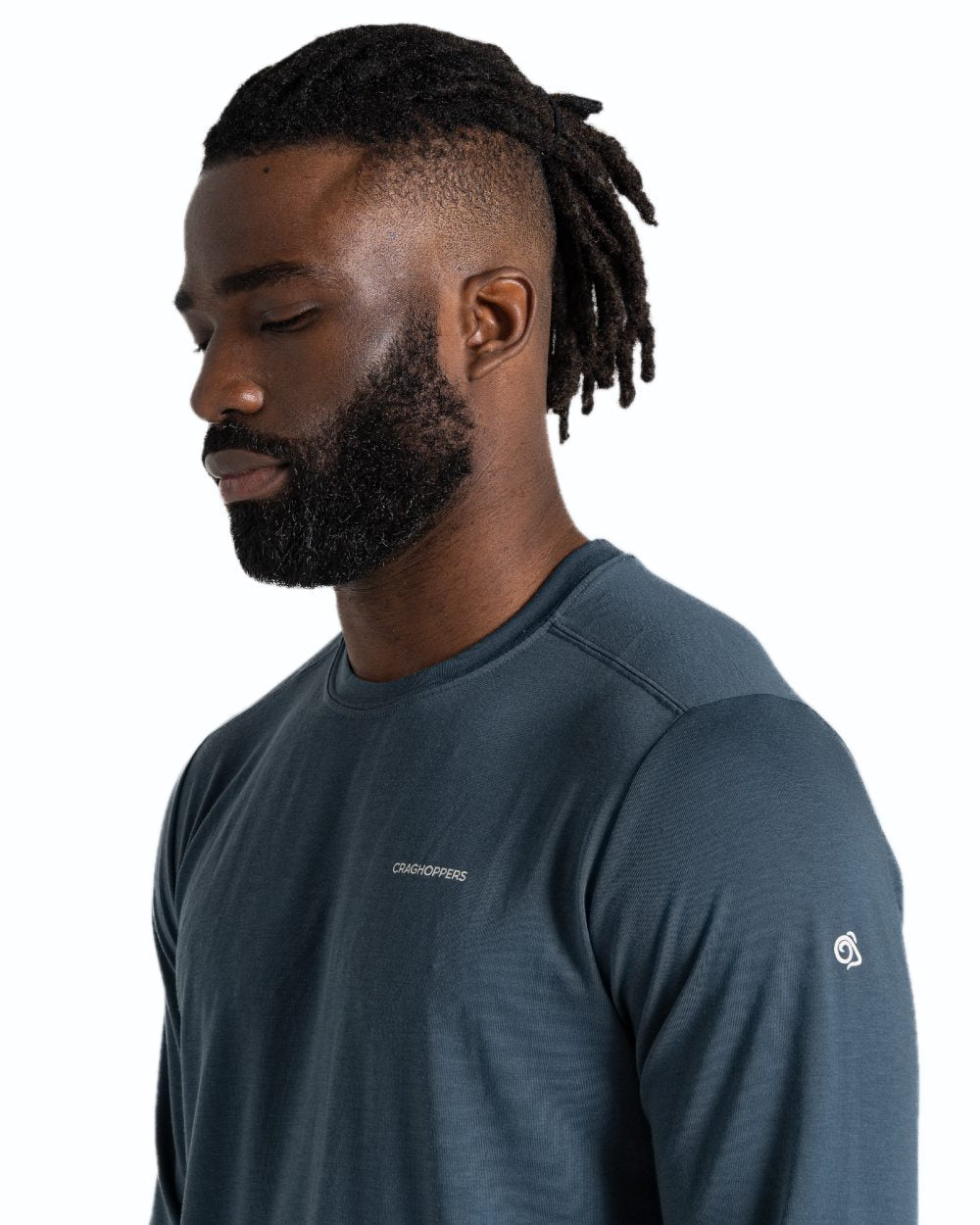 Blue Stone coloured Craghoppers Mens Nosilife Abel Long Sleeved T-Shirt on white background 