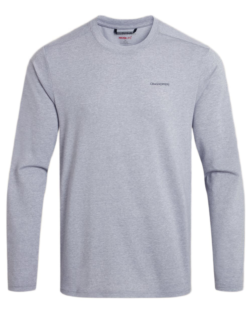 Soft Grey Marl coloured Craghoppers Mens Nosilife Abel Long Sleeved T-Shirt on white background 