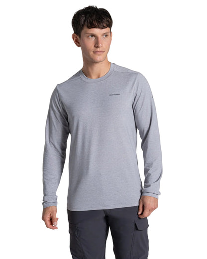 Soft Grey Marl coloured Craghoppers Mens Nosilife Abel Long Sleeved T-Shirt on white background 