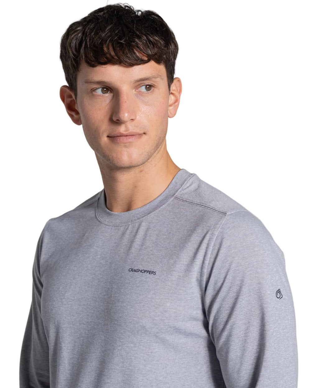 Soft Grey Marl coloured Craghoppers Mens Nosilife Abel Long Sleeved T-Shirt on white background 