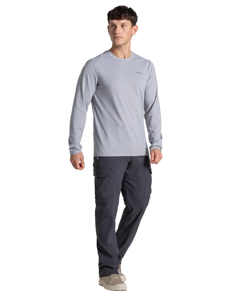 Soft Grey Marl coloured Craghoppers Mens Nosilife Abel Long Sleeved T-Shirt on white background 