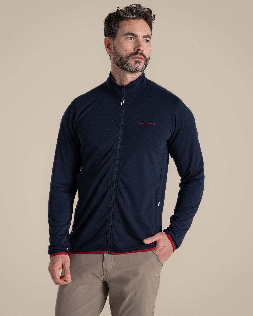 Blue Navy Coloured Craghoppers Mens Nosilife Copthorne Jacket on Beige Background 
