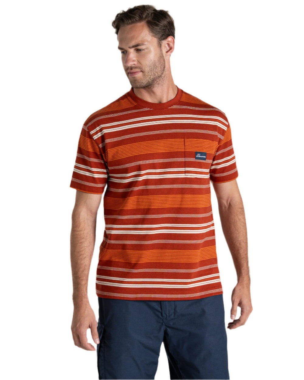 Red Beach Stripe Craghoppers Mens Pointer Short Sleeved T-Shirt on white background 