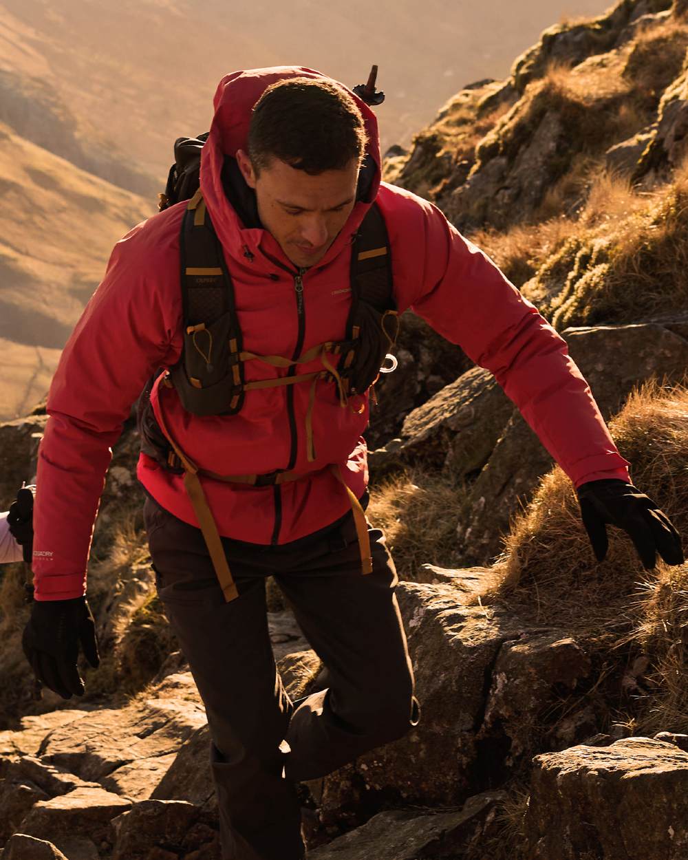 Feldspar coloured Craghoppers Mens Ponsa Waterproof Jacket on mountain background 