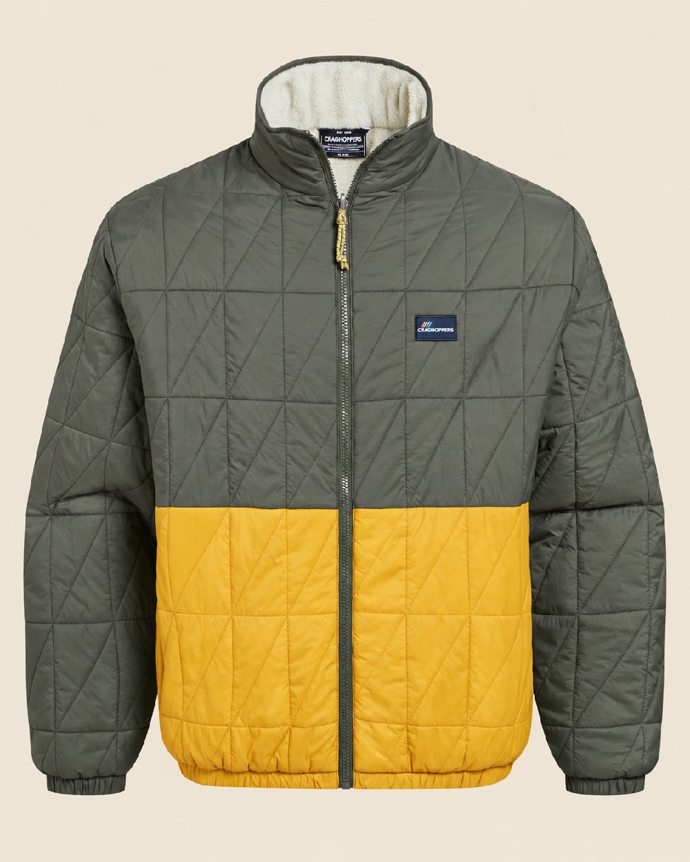 Lagano Green Sulphur Yellow coloured Craghoppers Mens Stuo Jacket on beige background 