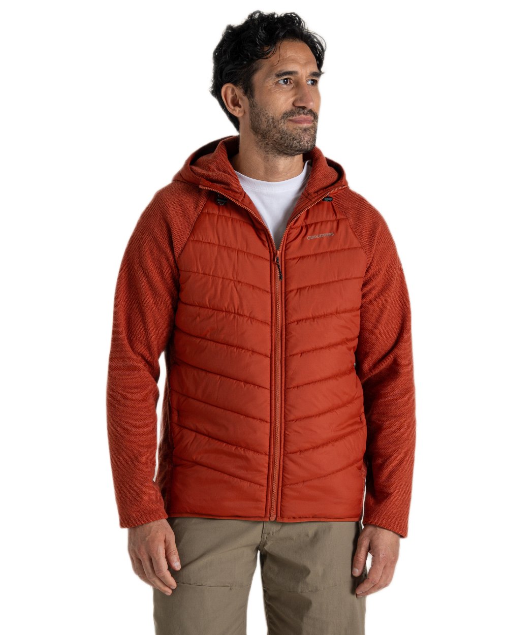 Red Beach coloured Craghoppers Mens Vamos Hybrid Insulating Jacket  on white background 