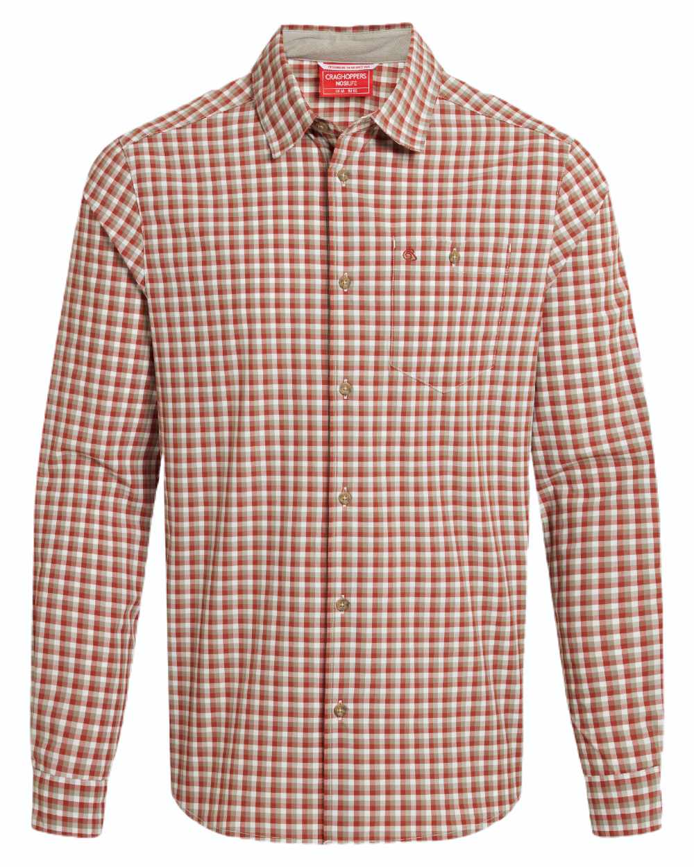 Red Beach Check coloured Craghoppers NosiLife Nuoro Check Long Sleeved Shirt on white background 