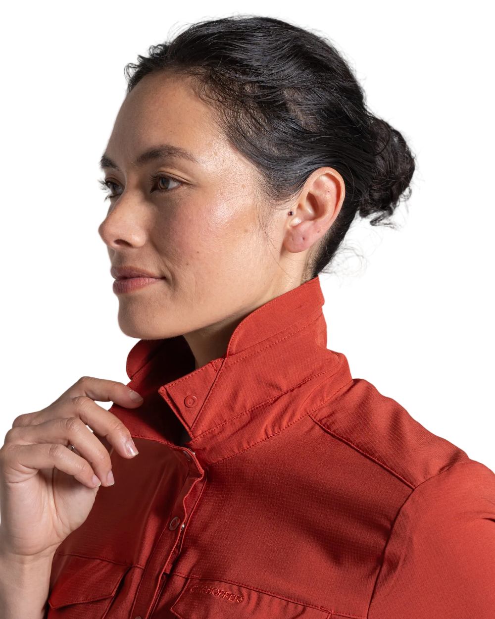 Cinnabar coloured Craghoppers NosiLife Pro Ladies Long Sleeve Shirt on white background 
