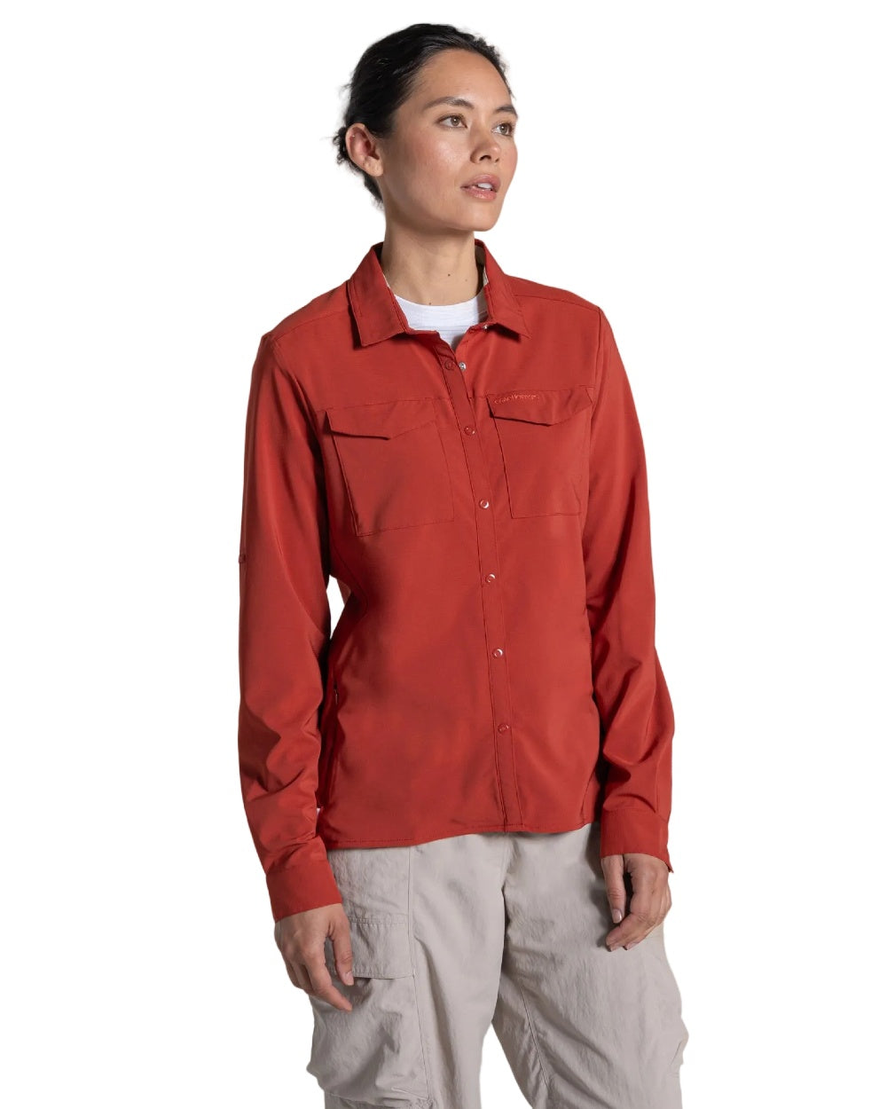 Cinnabar coloured Craghoppers NosiLife Pro Ladies Long Sleeve Shirt on white background 
