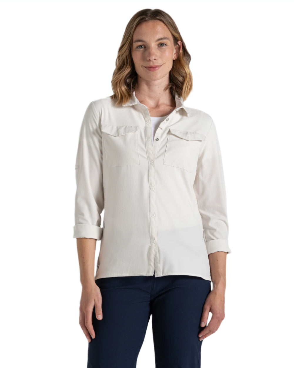 Sea Salt coloured Craghoppers NosiLife Pro Ladies Long Sleeve Shirt on white background 