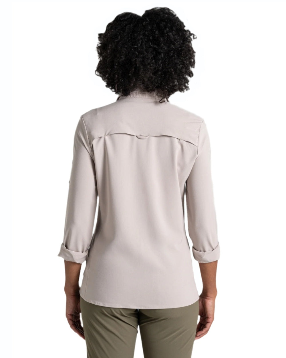 Soft Mushroom coloured Craghoppers NosiLife Pro Ladies Long Sleeve Shirt on white background 