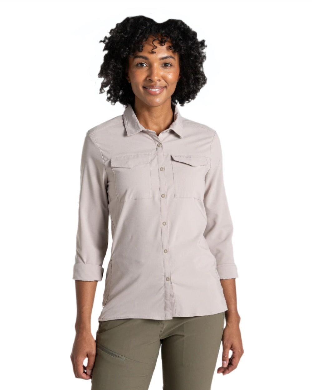 Soft Mushroom coloured Craghoppers NosiLife Pro Ladies Long Sleeve Shirt on white background 