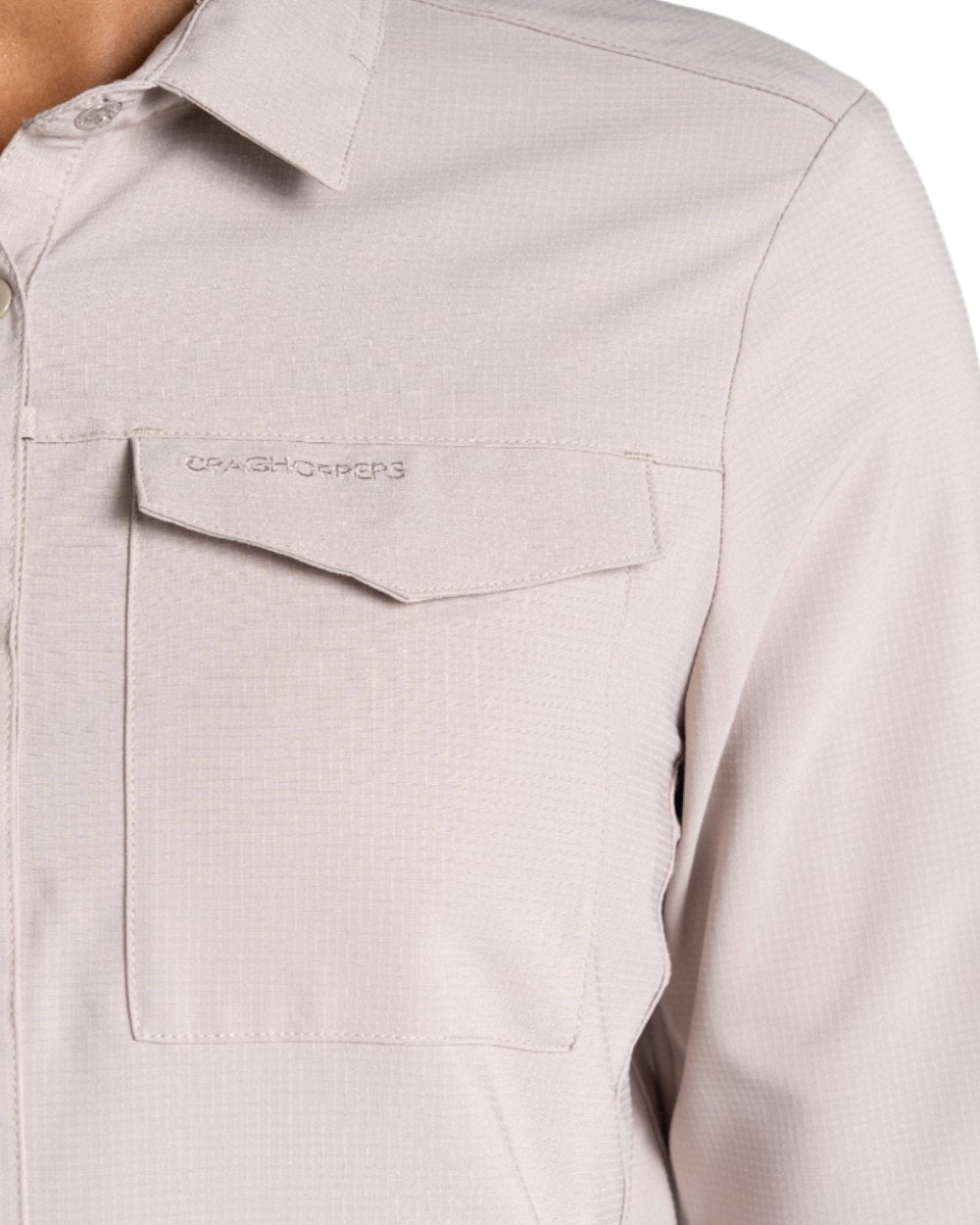 Soft Mushroom coloured Craghoppers NosiLife Pro Ladies Long Sleeve Shirt on white background 