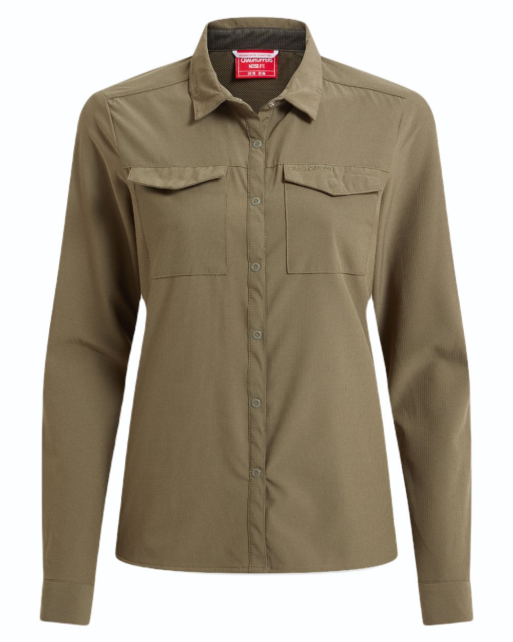 Wild Olive coloured Craghoppers NosiLife Pro Ladies Long Sleeve Shirt on white background 