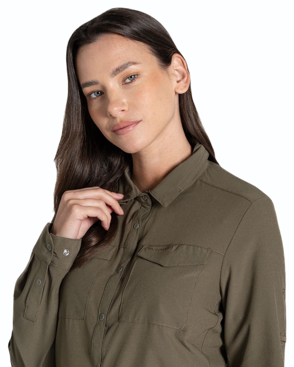 Wild Olive coloured Craghoppers NosiLife Pro Ladies Long Sleeve Shirt on white background 