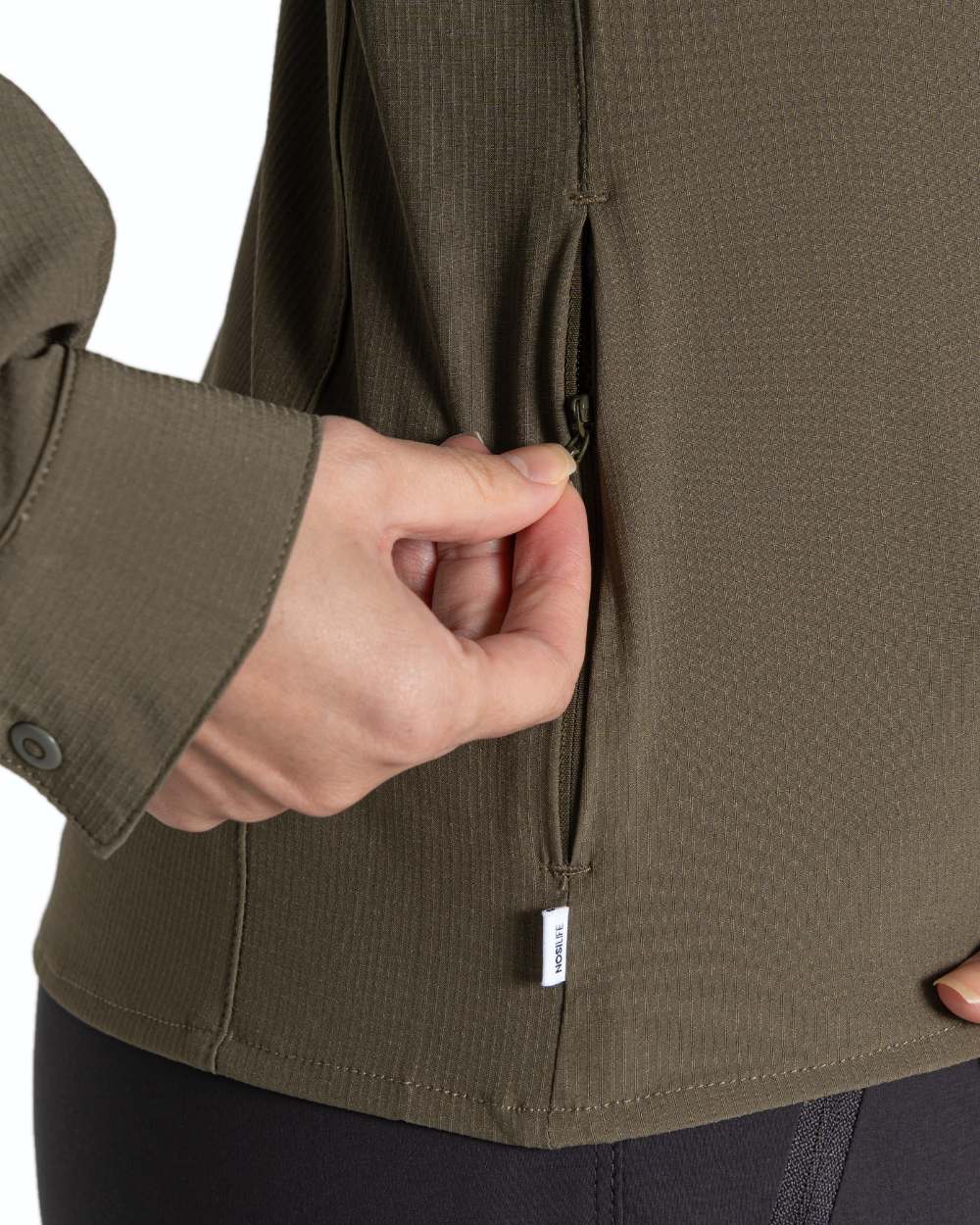 Wild Olive coloured Craghoppers NosiLife Pro Ladies Long Sleeve Shirt on white background 