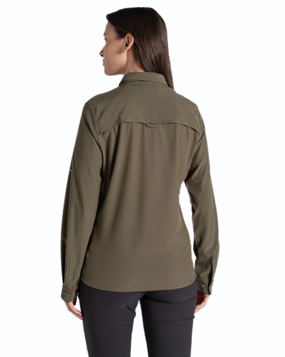 Wild Olive coloured Craghoppers NosiLife Pro Ladies Long Sleeve Shirt on white background 