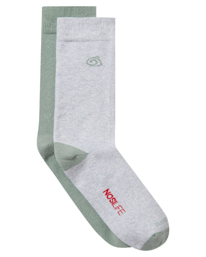 Soft Grey Marle Lichen Green Coloured Craghoppers Nosilife Travel Twin Pack Socks on White Background 