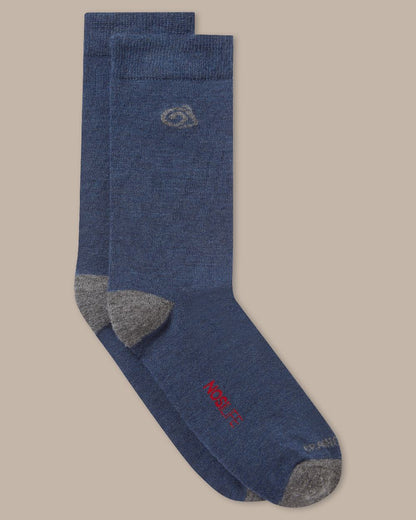 Blue Navy Coloured raghoppers Nosilife Travel Wool Socks on Beige Background 
