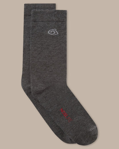 Dark Iron Coloured raghoppers Nosilife Travel Wool Socks on Beige Background 