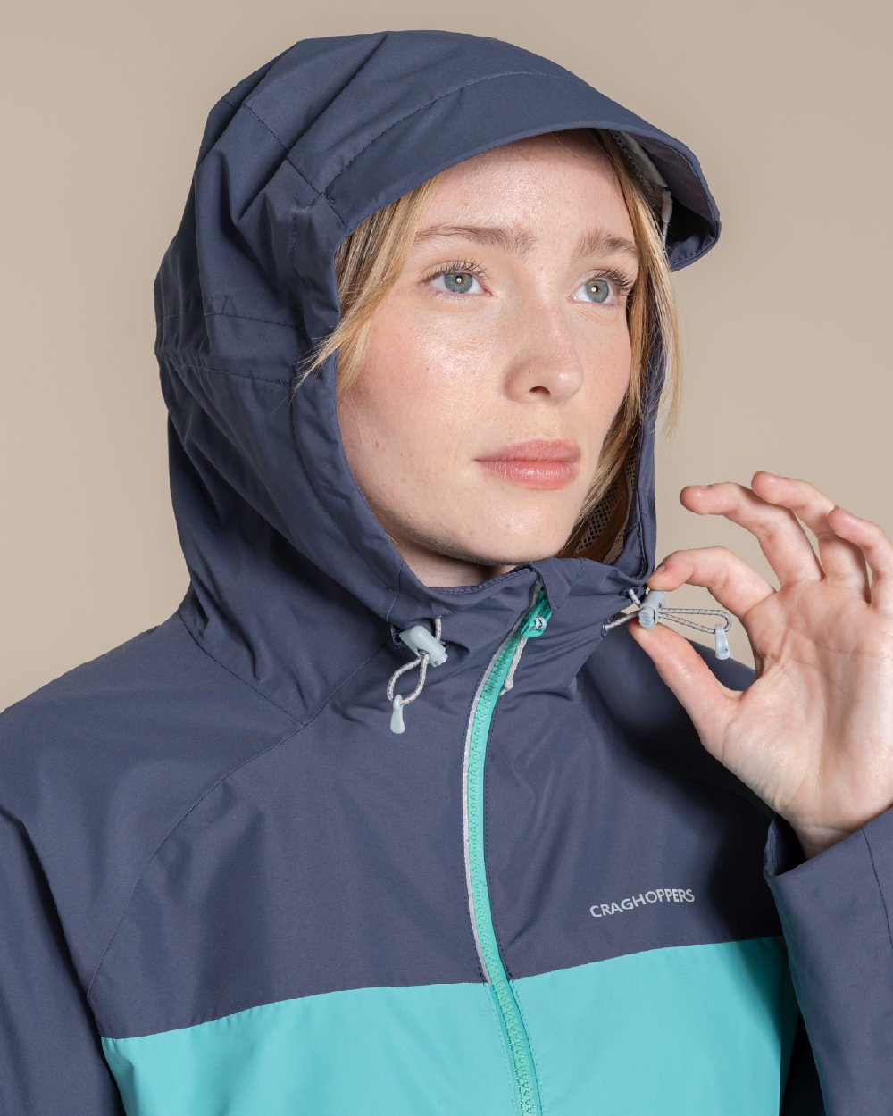 Glazed Aqua Anthracite coloured Craghoppers Vanth Jacket on beige background 
