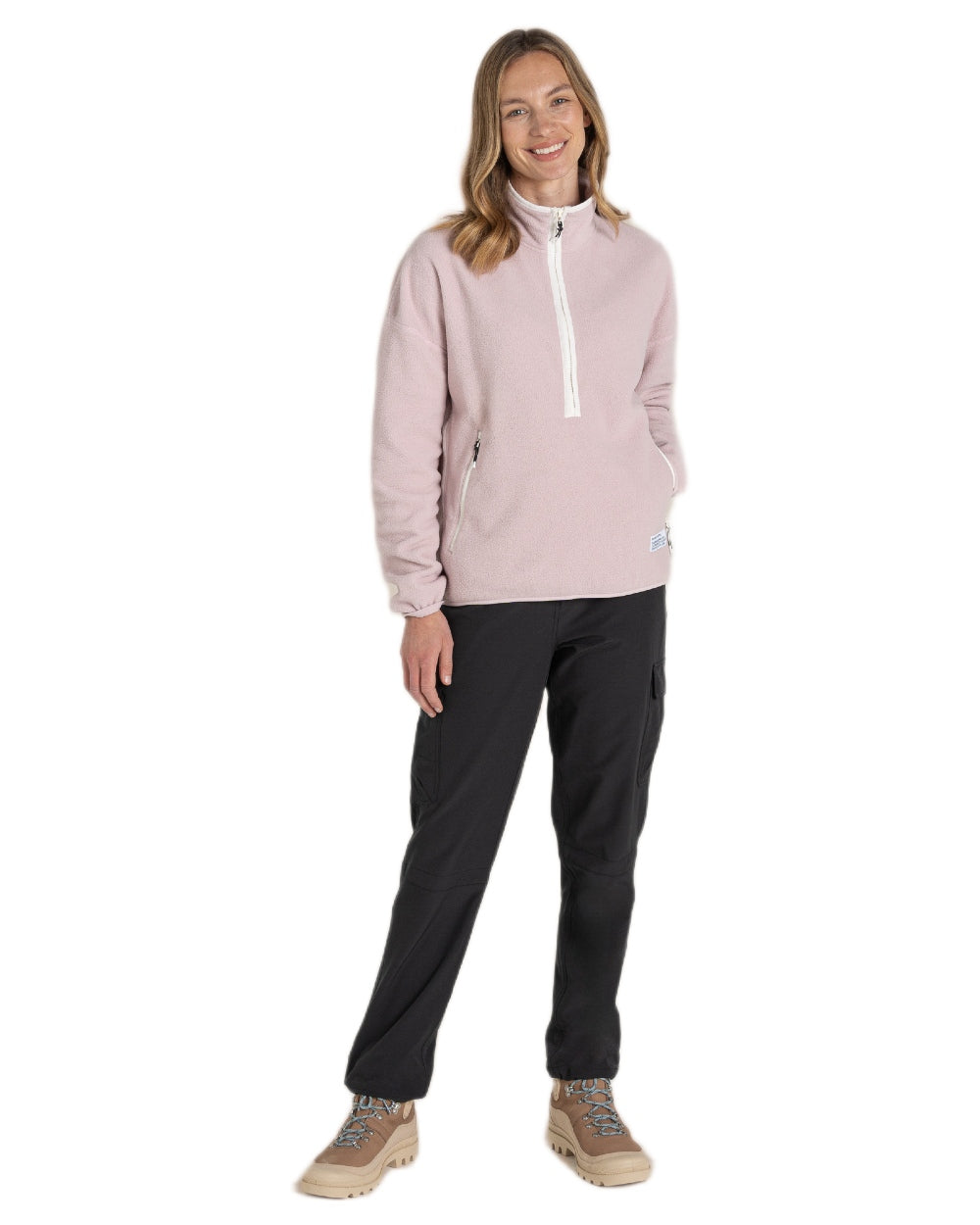 Dusky Carnation coloured Craghoppers Womens CO2 Renu Half Zip Fleece Sweater on white background 