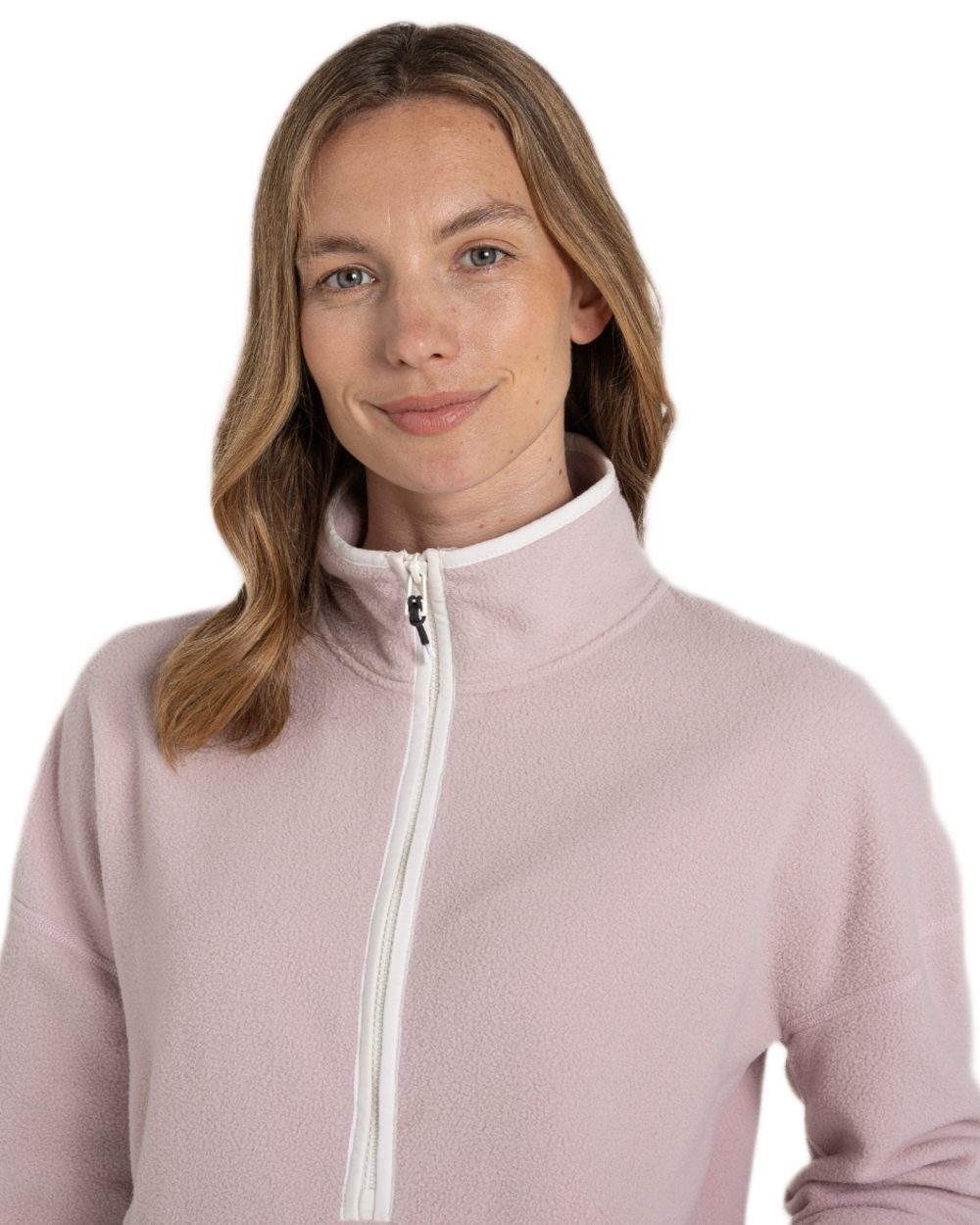 Dusky Carnation coloured Craghoppers Womens CO2 Renu Half Zip Fleece Sweater on white background 